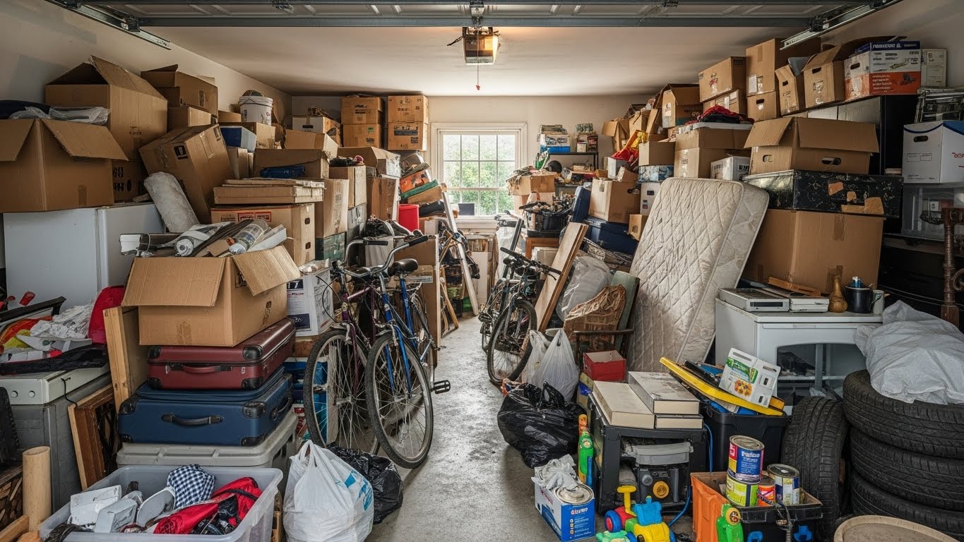 Garage before transformation — stained concrete floor, cluttered space